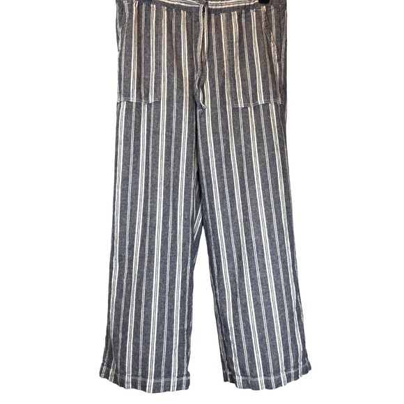 Linen Blend Wide Leg Pants M Blue White Stripes Drawstring Waist Pockets Coastal - Picture 2 of 9